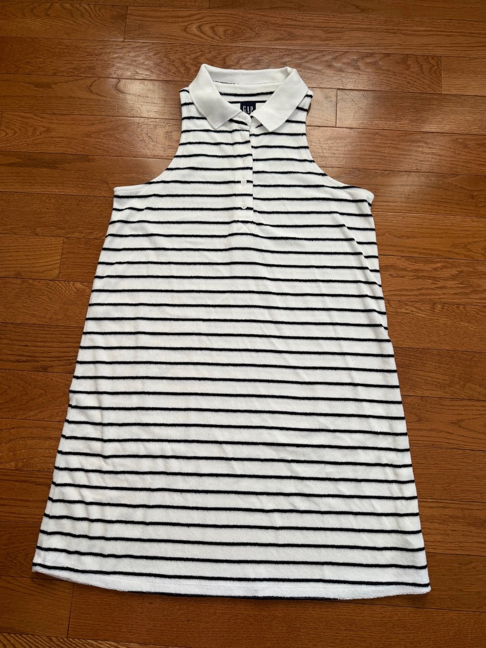 GAP Sleeveless Asymmetrical Polo Dress in White and Black Stripes